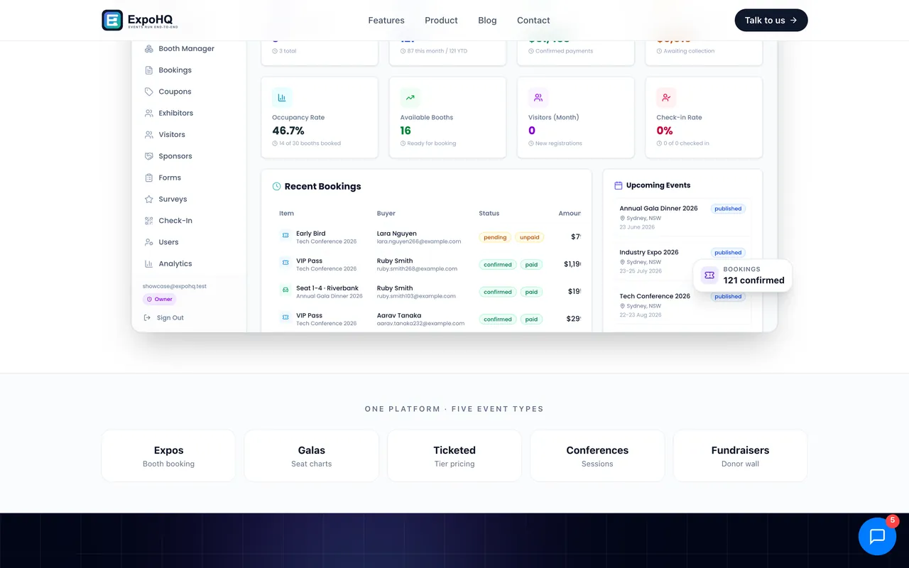 ExpoHQ's booth manager dashboard with recent bookings and upcoming events