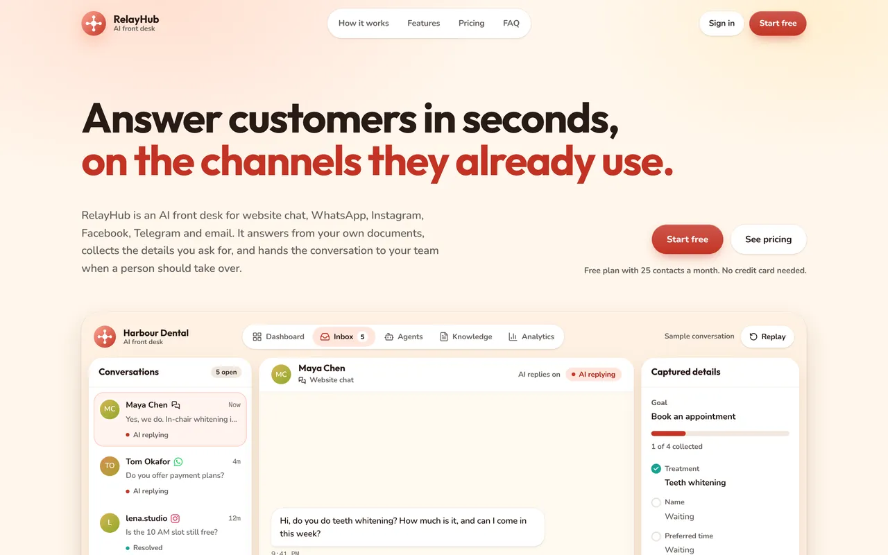 RelayHub's website, relayhub.live: Answer customers in seconds, on the channels they already use