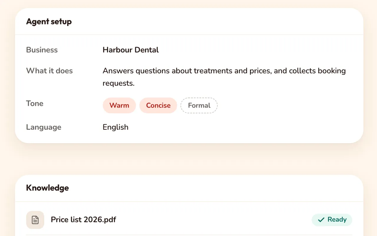 RelayHub's agent setup: business, what the agent does, tone and language